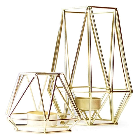 Set of 2 Gold Geometric Metal Tealight Candle Holders